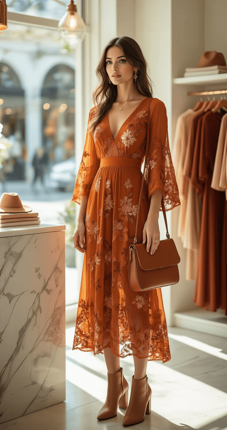 A stylish woman examines a burnt orange burnout fabric dress with floral patterns in an upscale boutique, surrounded by autumn wedding guest options in jewel tones, with modern fixtures and abundant natural light.