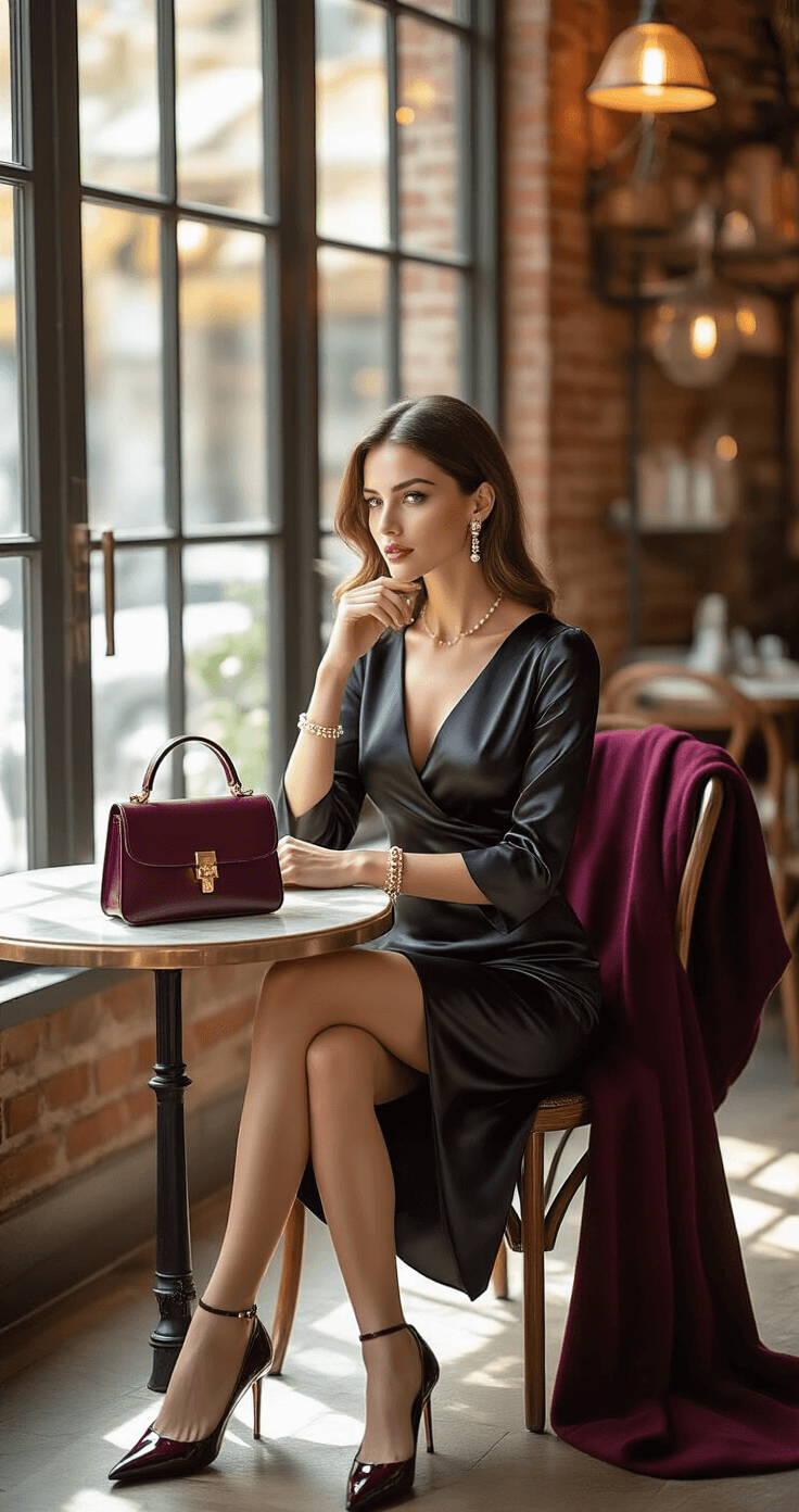 An elegantly dressed woman in a black satin dress sits in a chic café with exposed brick walls, adjusting her gold bracelets and reviewing wedding invitations, surrounded by warm afternoon light and vintage decor.