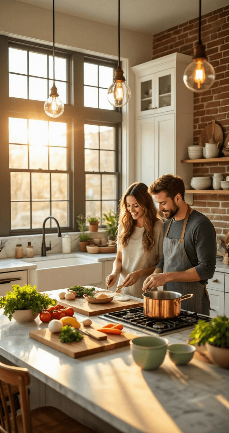 Professional interior photography of a modern couple's kitchen during golden hour, showcasing marble countertops, white shaker cabinets, and an exposed brick accent wall, with warm sunlight illuminating cooking ingredients and a cozy cooking class scene.