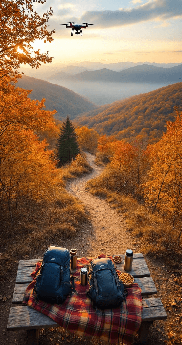 Aerial view of a scenic hiking trail with a winding dirt path through a mixed deciduous forest in autumn colors. Two hiking backpacks on a weathered bench, with a vintage plaid blanket displaying thermos bottles and trail mix. Soft golden light filters through the trees, illuminating the valley vista and misty mountain range in the background.