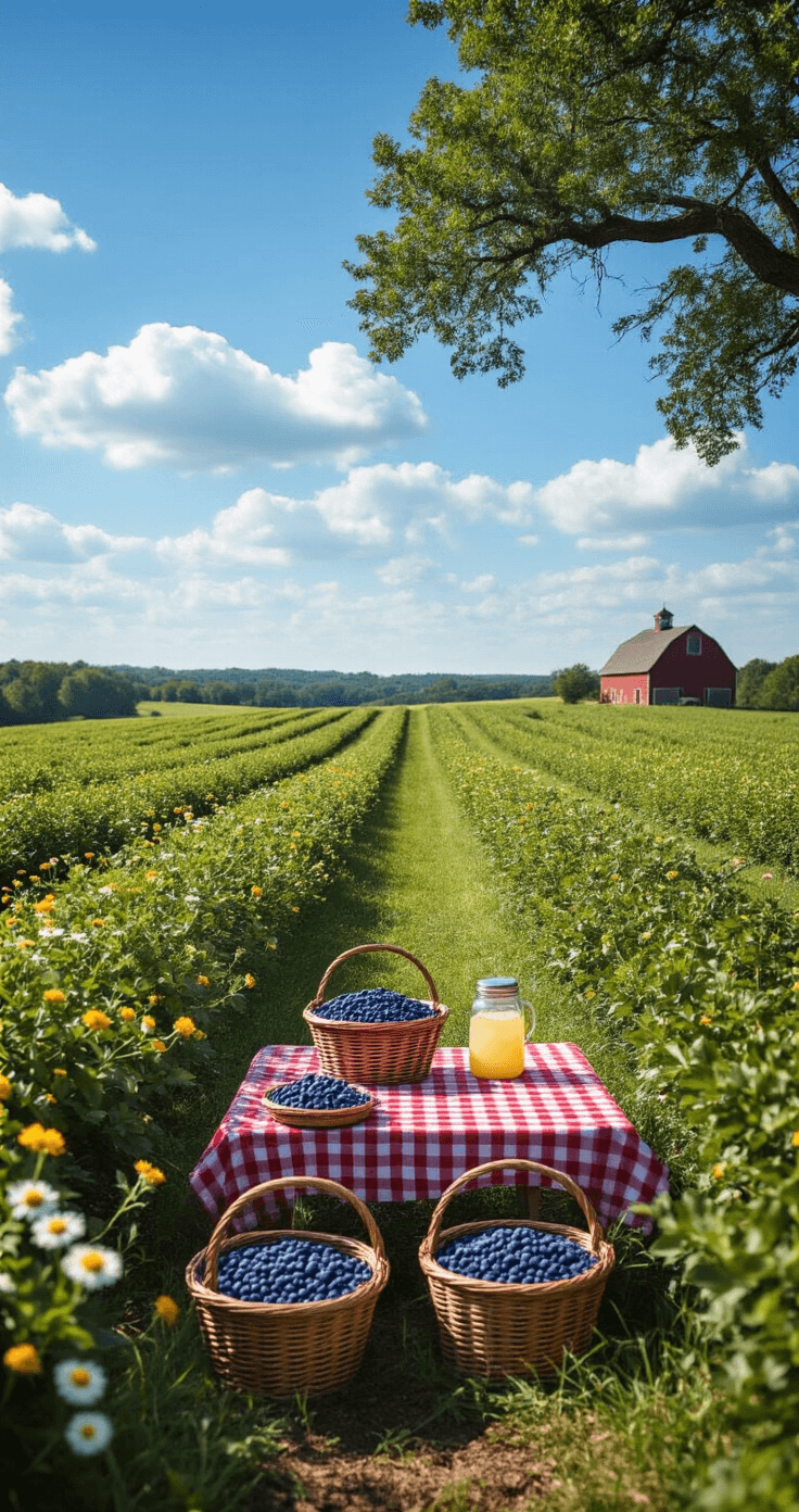 Documentary-style image of a berry picking farm in summer, featuring rows of blueberry bushes, wicker baskets filled with deep purple berries, a red checkered tablecloth under an oak tree with mason jar lemonade, and wildflowers, all captured from ground level with a shallow depth of field.