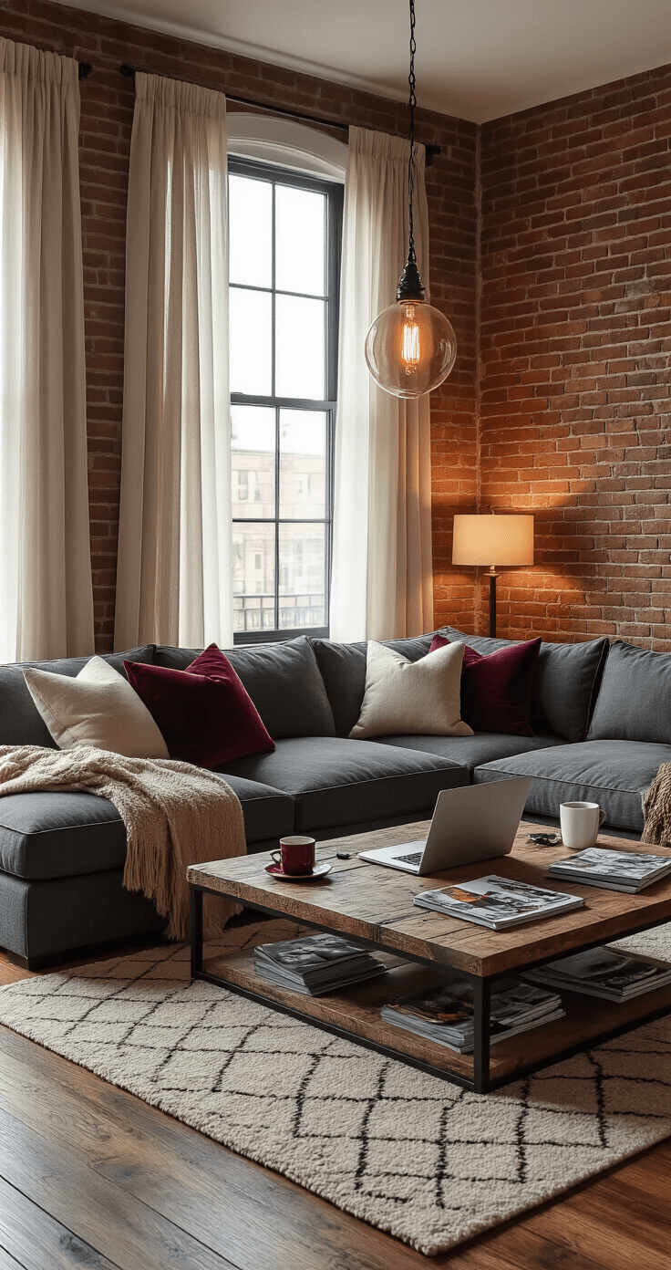 Photorealistic interior of a cozy living room with exposed brick wall, hardwood floors, and large windows. The room features an overstuffed charcoal gray sectional sofa, a rustic coffee table with scattered magazines and mugs, mismatched throw pillows, and cluttered side tables, all illuminated by warm afternoon golden hour light.