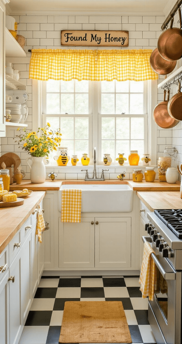 Whimsical kitchen scene featuring bee and honey themes, with bright white subway tiles, butcher block counters, and morning sunlight from a farmhouse window. Vintage honey jars and ceramic bee figurines decorate open shelving, alongside yellow gingham curtains. A rustic cutting board displays fresh honeycomb, and a mason jar with wildflowers is near a sign reading 'Found My Honey.' Copper pots hang from a wrought iron rack over a black and white checkerboard floor, creating a playful, sweet atmosphere with golden accents.
