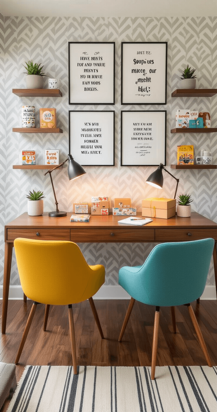 Contemporary home office for couples, featuring a walnut desk facing a gallery wall of funny marriage quotes, illuminated by task lighting. Scattered Amazon packages and gift boxes on the desk, paired with his and hers mustard yellow and teal ergonomic chairs. Floating shelves display quirky gifts, and geometric gray and white wallpaper adds style. Succulent plants and a bold stripe runner complete the warm, collaborative atmosphere.