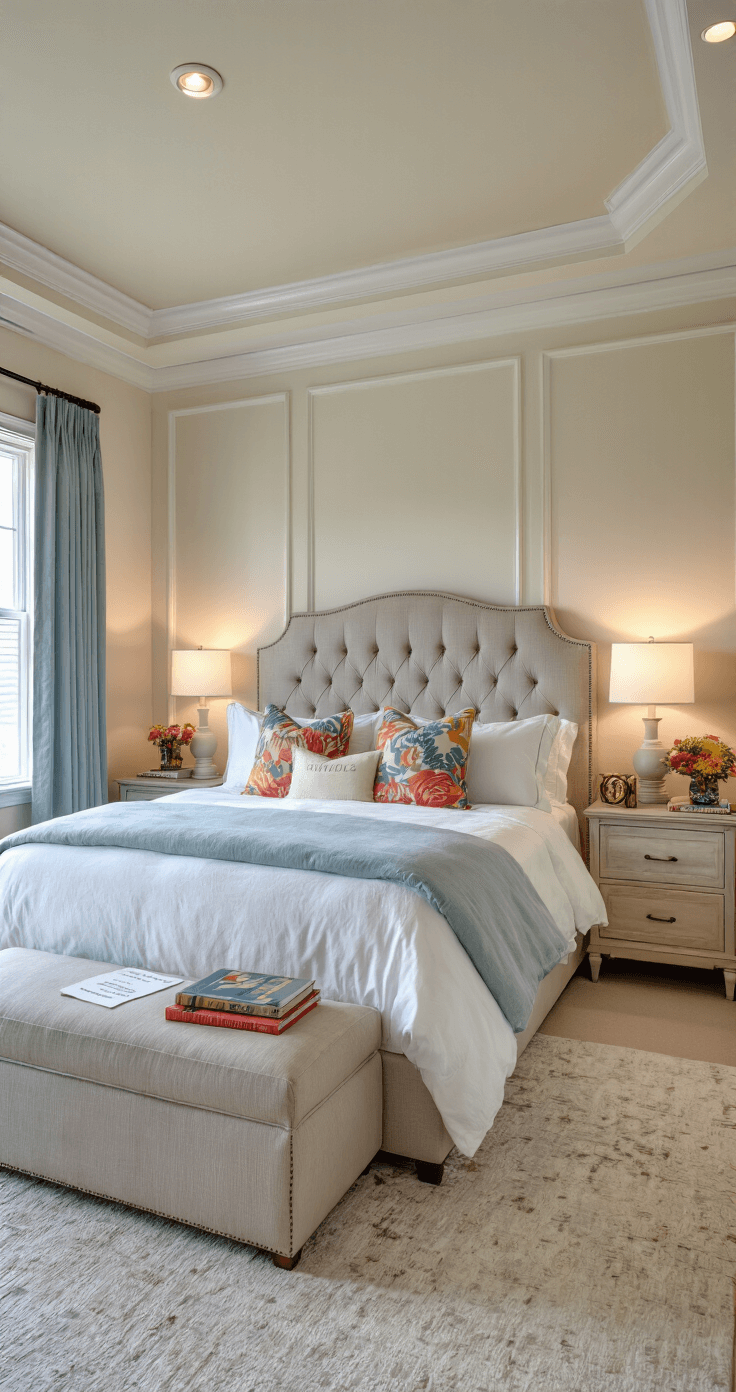 Sophisticated master bedroom featuring a king-size bed with a tufted dove gray headboard, layered with white bedding and colorful throw pillows. The room highlights matching nightstands with philosophy books and comedy collections, warm lighting from table lamps, a plush neutral area rug, and soft blue-gray silk curtains, all contributing to an intimate atmosphere of companionship and humor.