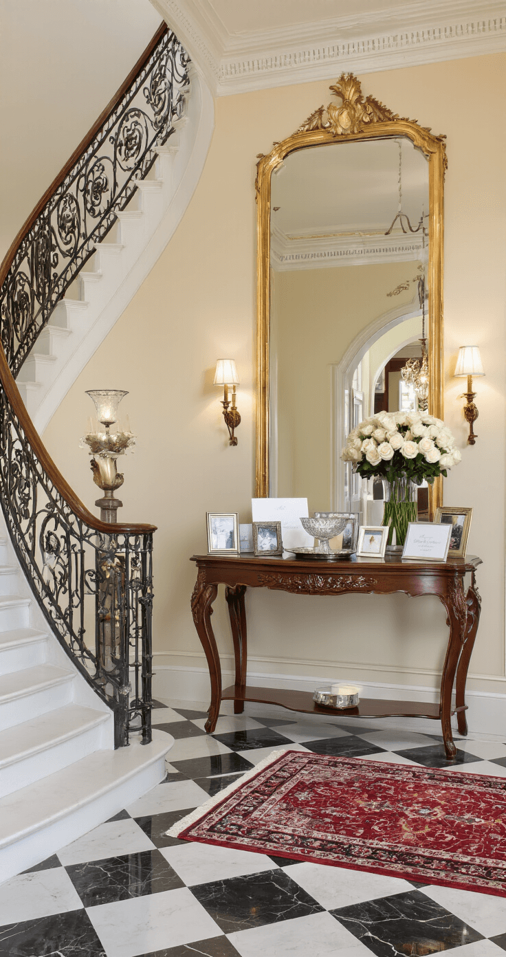 An elegant entryway hall with marble checkerboard floors, a curved staircase with wrought iron railings, and an antique mahogany console table displaying wedding cards and framed photos, adorned with white roses and an ornate gilt mirror reflecting ambient chandelier light, surrounded by warm wall sconces and a rich Persian runner leading to the living areas.