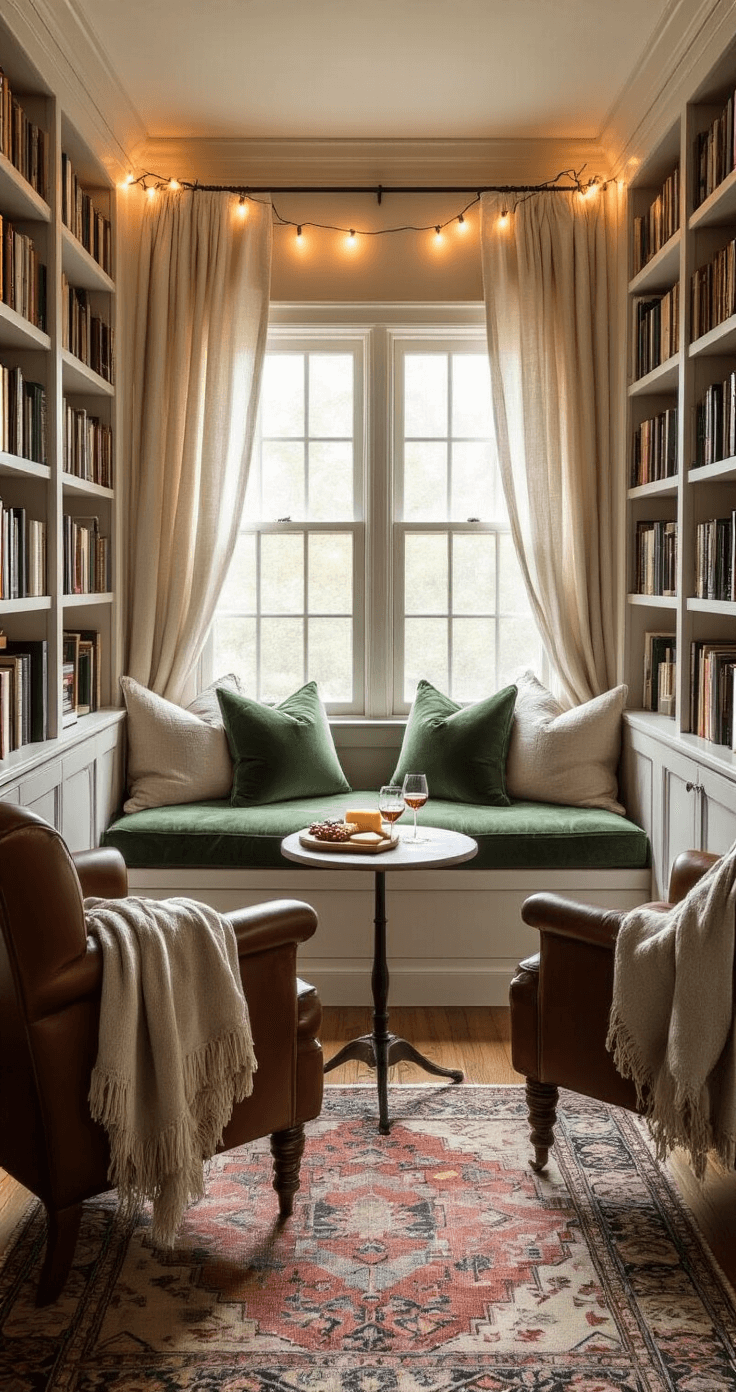 Cozy reading nook with a sage green velvet window seat, surrounded by bookshelves filled with philosophy and comedy books; two reading chairs, one leather and one linen, face each other over a small table with wine glasses and a cheese board, all bathed in soft evening light and romantic string lights.