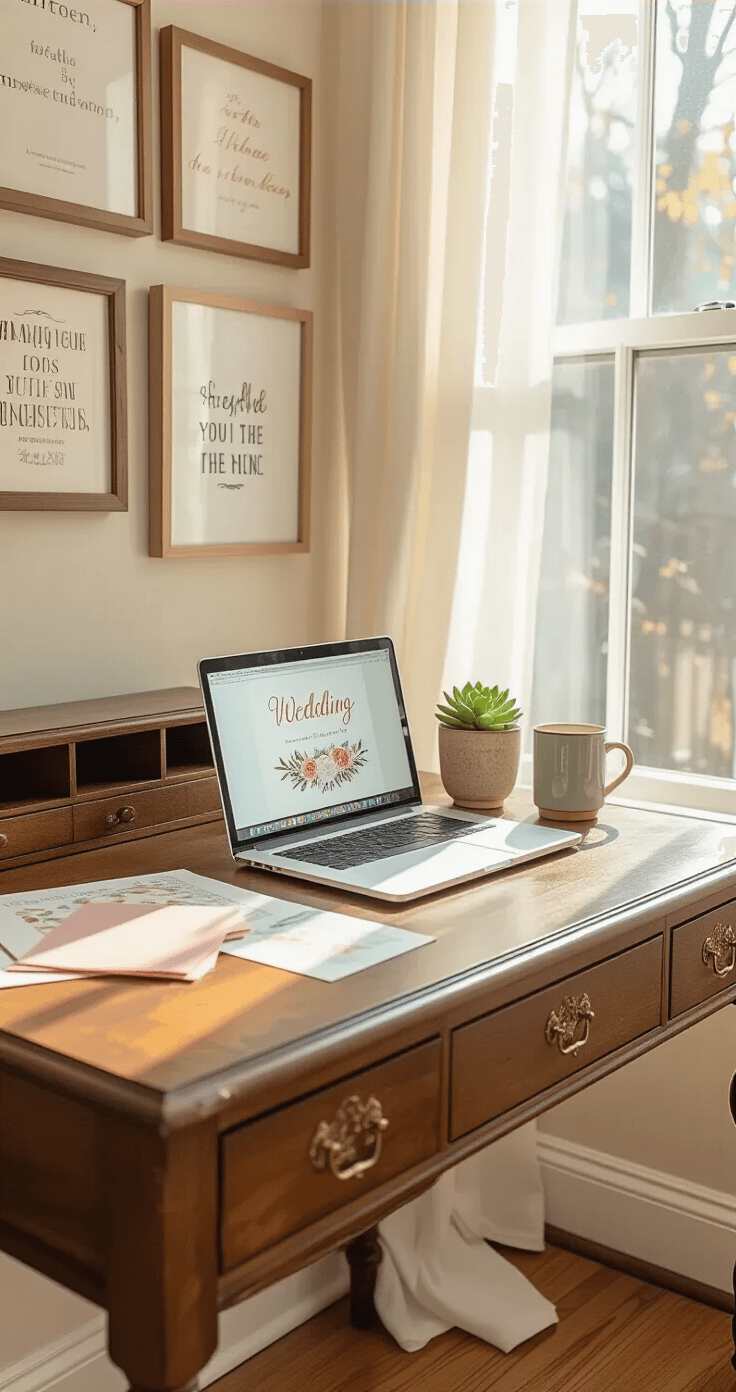 Cozy home office corner with a vintage wooden desk and brass accents, large window with sheer curtains, laptop displaying wedding invitation designs, blush pink and sage green paper samples, steaming coffee mug, succulent in a ceramic pot, framed typography prints on the wall, honey-colored hardwood floors, and cream-colored walls.