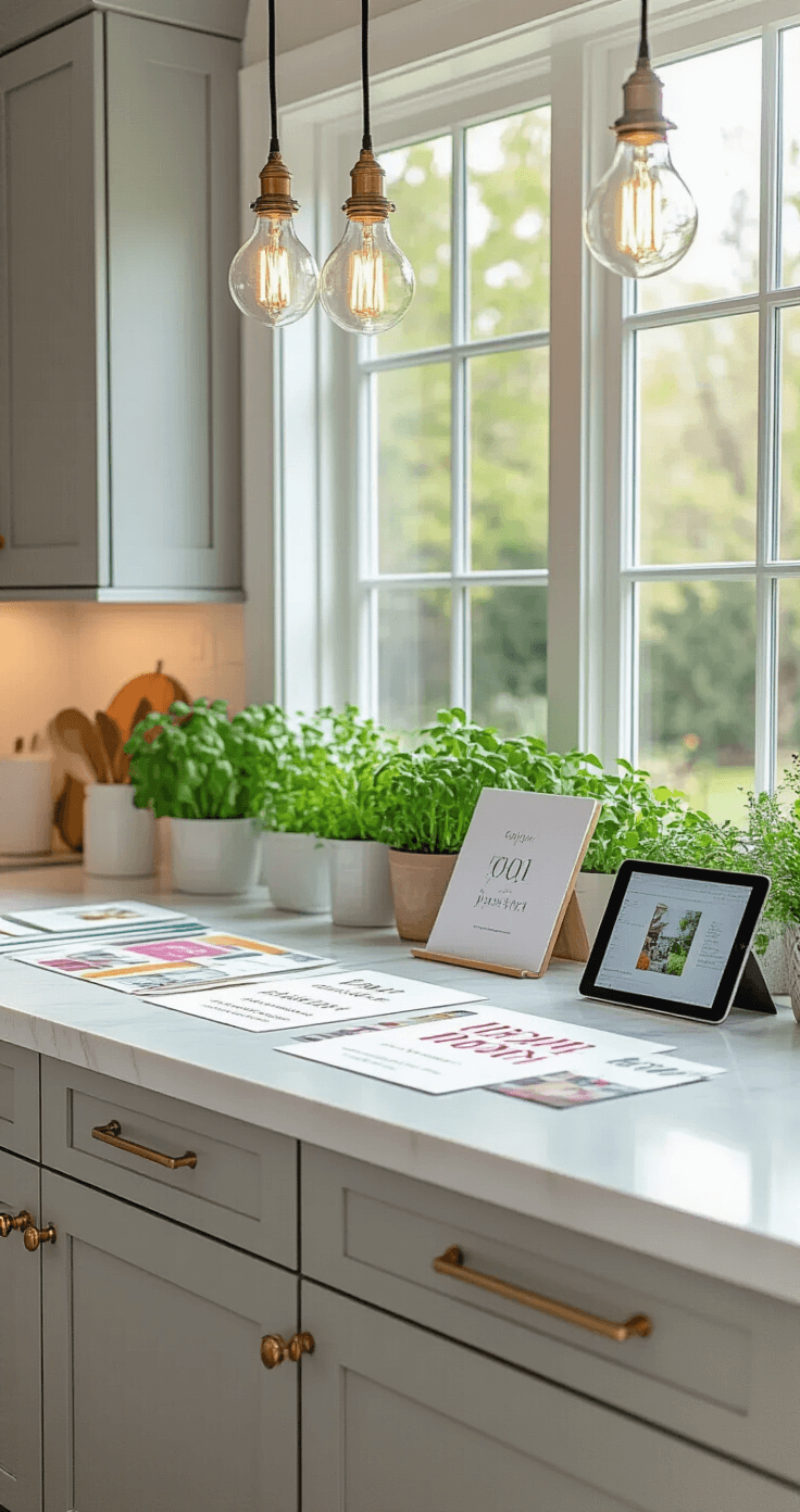 A modern kitchen island transformed into a vibrant design workspace, featuring white quartz countertops with colorful invitation proofs, soft gray shaker-style cabinets, brass hardware, and natural light streaming through a garden-view window, illuminated by Edison pendant lights.