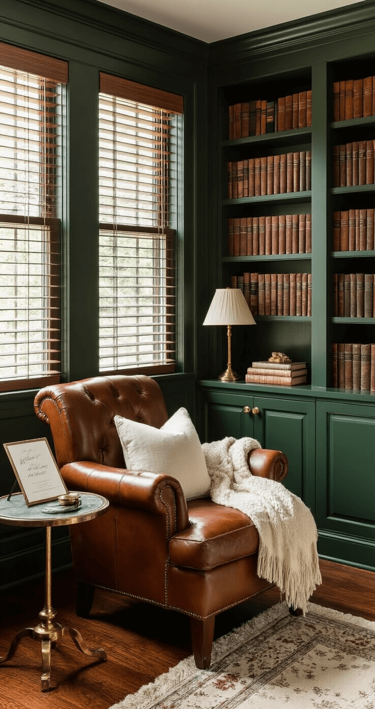 Cozy library nook with deep forest green built-in bookshelves, a rich cognac leather reading chair, and a side table displaying wedding invitation samples and vintage love books, illuminated by warm afternoon light filtering through wooden blinds.