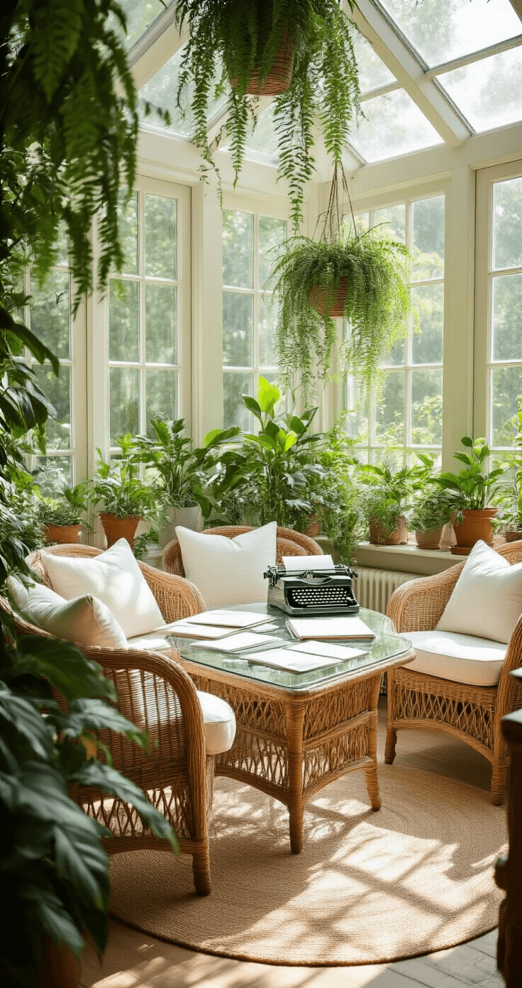 A bright and airy sunroom adorned with wicker furniture and white cushions, showcasing wedding invitation samples on a glass table, surrounded by lush potted plants and hanging ferns, and illuminated by natural light from large windows.