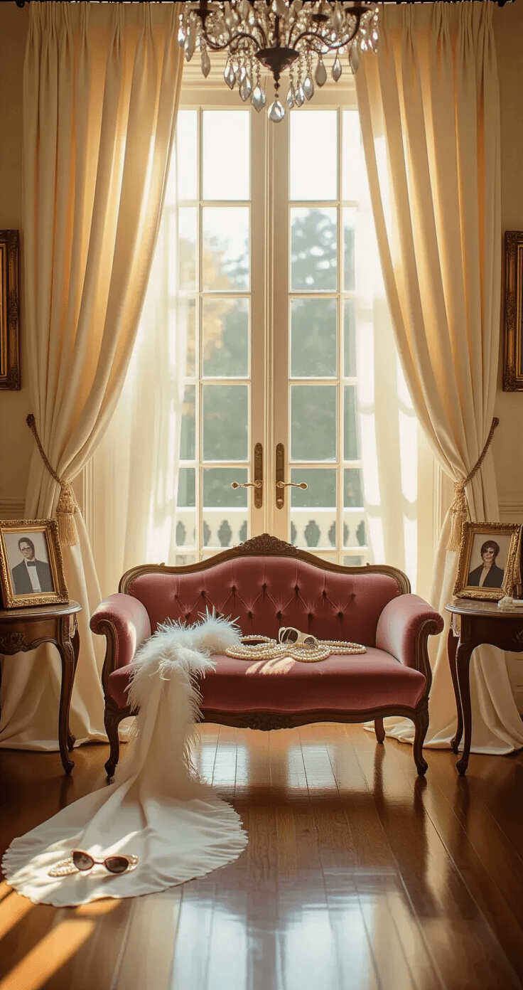 Interior of an elegant bridal suite featuring warm afternoon sunlight, cream silk curtains, a dusty rose vintage velvet settee with wedding props, antique gold picture frames on a mahogany side table, and rich hardwood floors, all captured from a low angle to highlight luxurious textures.
