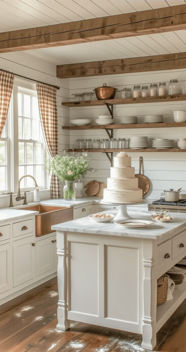 Spacious farmhouse kitchen with white shiplap walls, exposed oak beams, and golden hour light; features a marble island with a three-tier wedding cake, food fight props, and wildflowers in mason jars, all captured in a warm, playful atmosphere.