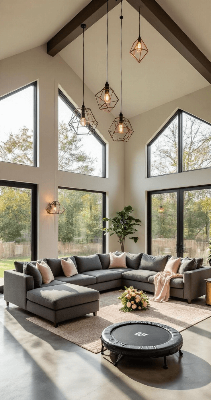 Modern living room with vaulted ceilings and floor-to-ceiling windows, featuring a charcoal gray sectional sofa, a mini-trampoline, and wedding party accessories scattered across polished concrete floors, accentuated by geometric pillows and industrial pendant lights.