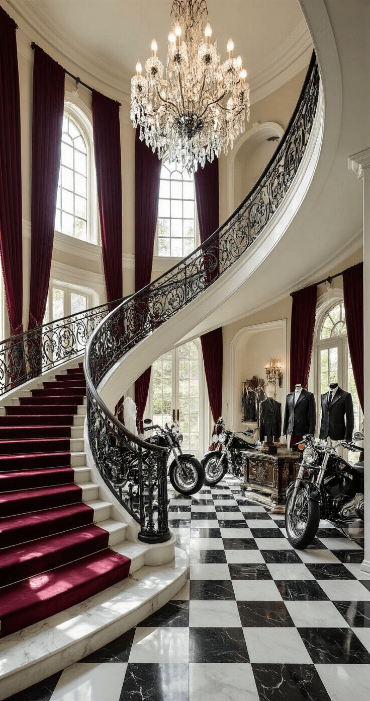 Grand foyer featuring black and white checkered marble floors, a sweeping curved staircase with wrought iron railings, illuminated by morning light from a crystal chandelier. Vintage motorcycles and leather jackets adorn ornate console tables alongside bridal veils and boutonnieres. Rich burgundy velvet drapes frame tall arched windows, while Oriental runners in deep jewel tones cascade down the stairs, creating a dramatic and elegant atmosphere.