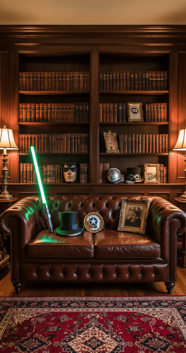 Cozy den with dark wood paneling, filled with bookshelves and a leather Chesterfield sofa, adorned with themed wedding props like lightsabers and vintage top hats, illuminated by warm evening lamplight.
