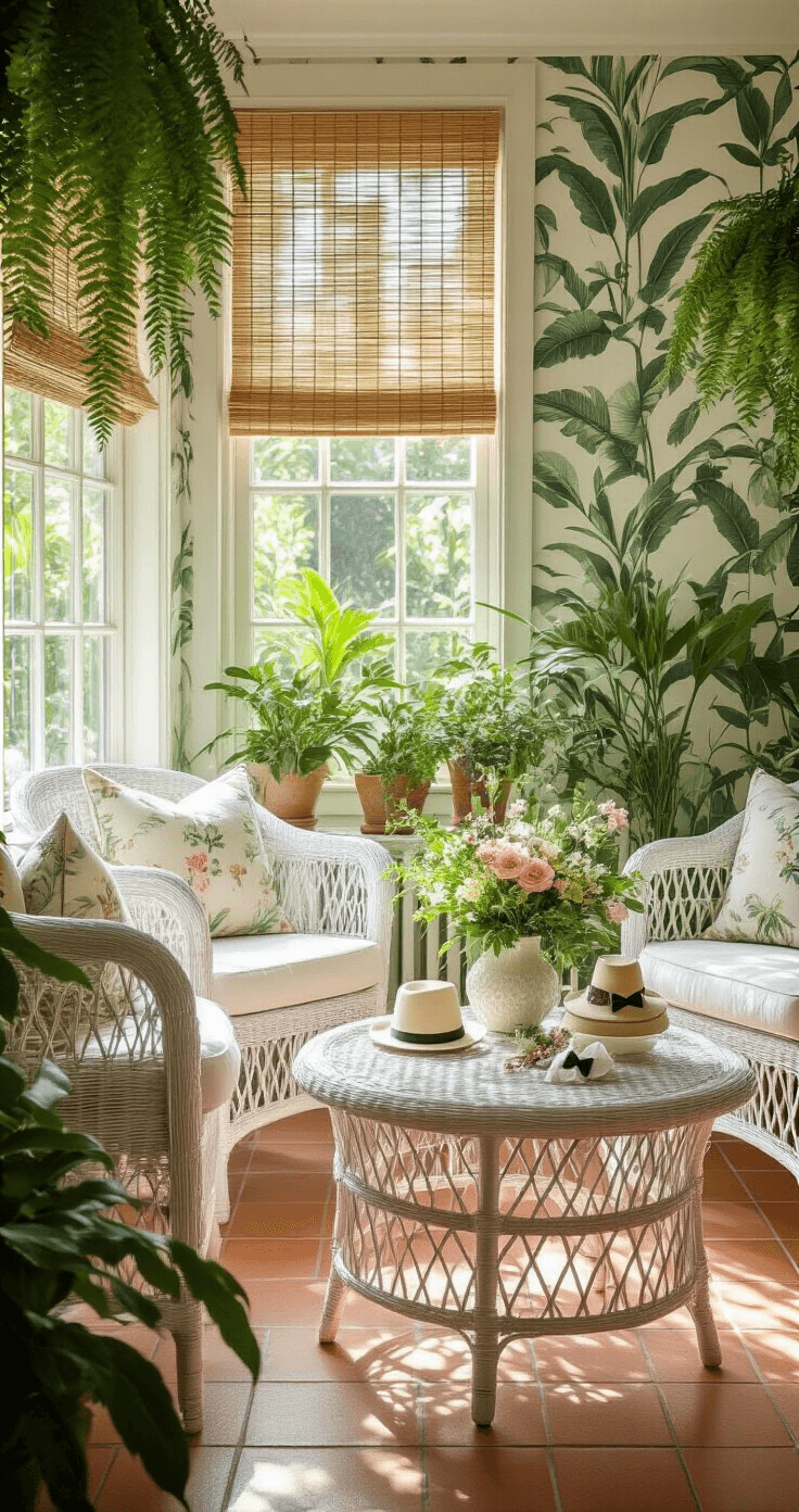 A sunlit garden room with white wicker furniture, botanical wallpaper in sage green, and terracotta tile floors, featuring a round rattan coffee table adorned with pet wedding accessories and fresh flower arrangements, surrounded by hanging ferns and potted palms, all captured from pet eye-level in soft, natural lighting.