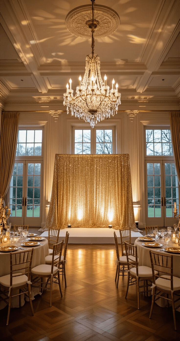 An elegant ballroom during twilight, featuring coffered ceilings, crystal chandeliers, and polished parquet floors. A professional photo booth with a gold sequin backdrop and vintage props is set up, surrounded by round tables draped in ivory linens. French doors open to a garden with string lights, creating a luxurious atmosphere perfect for playful photo opportunities.