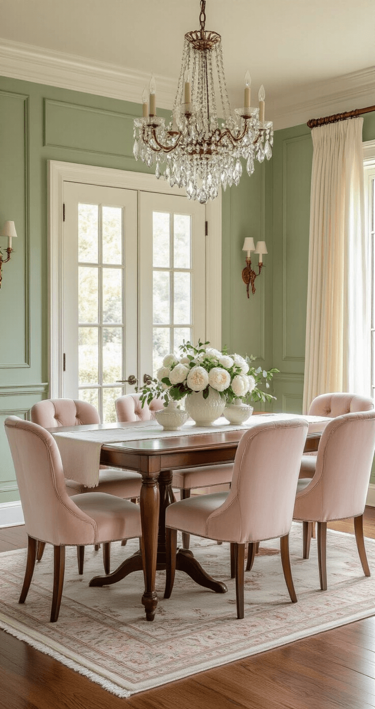 Luxurious dining room with mahogany table, blush velvet chairs, and sage green accent wall, featuring a crystal chandelier and fresh white peonies centerpiece, captured in warm golden hour light.