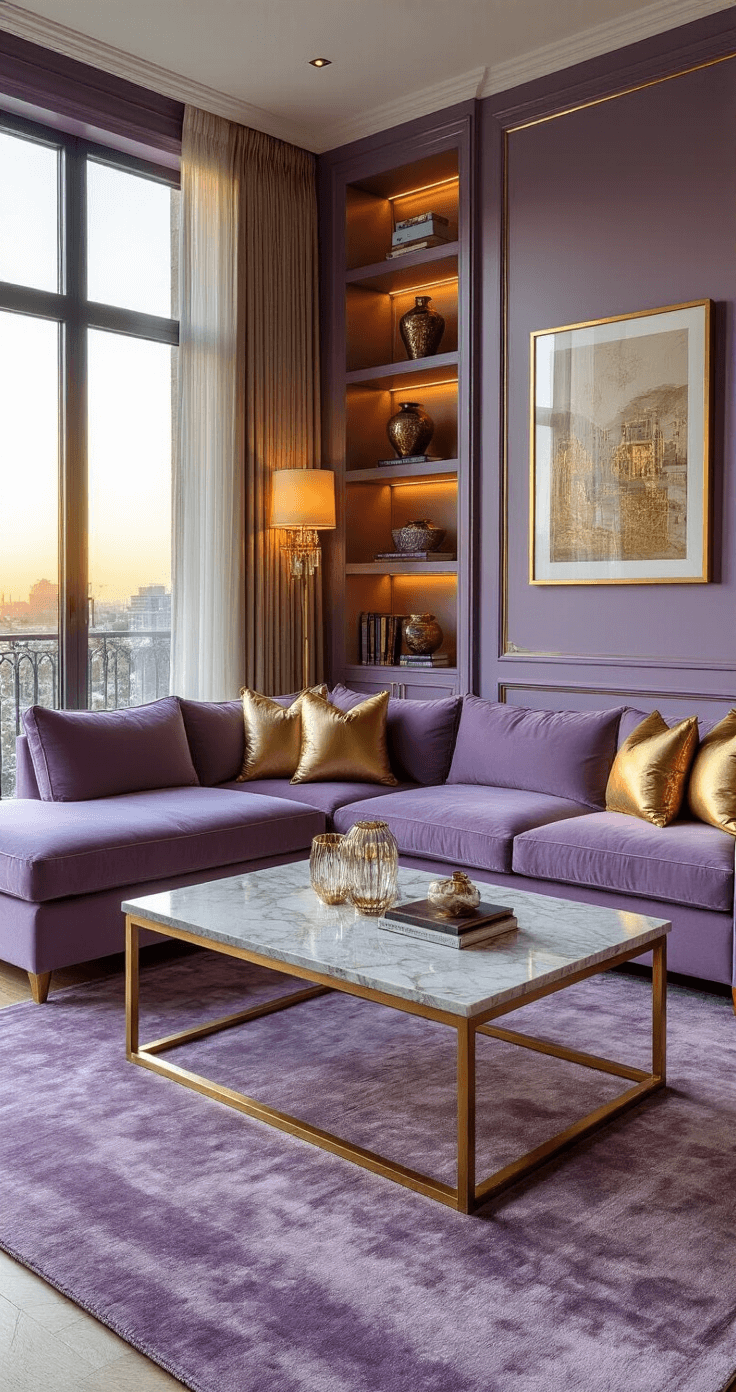 Sophisticated living room featuring a plush lavender sectional sofa adorned with gold throw pillows, a marble coffee table with brass legs, and a metallic gold accent wall with built-in shelving. The room is illuminated by late afternoon light filtering through large windows with sheer curtains, enhancing the luxurious ambiance. Gold-framed artwork and crystal table lamps complement the deep pile area rug in purple tones, while textures of velvet, silk, and metallics create a rich visual experience.