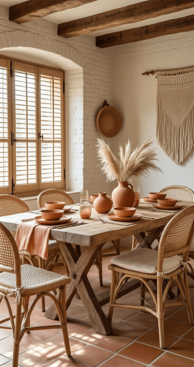A cozy Bohemian dining space featuring a reclaimed wood table set with terracotta dinnerware and peach linen napkins, surrounded by woven rattan chairs with cream cushions. The whitewashed brick walls and exposed beam ceiling create a warm atmosphere, enhanced by natural light filtering through wooden shutters. Decor elements include a macrame wall hanging, dried pampas grass in clay vessels, textured pottery, woven baskets, and copper accents, all set against terra cotta floor tiles.