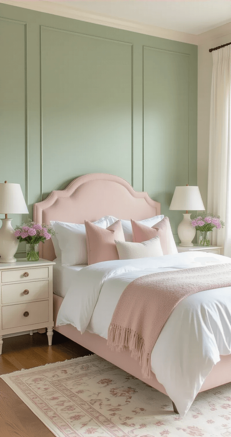 A tranquil spring bedroom featuring a blush pink upholstered headboard against a sage green wall, with ivory white bedding and pink accent pillows. Light oak furniture complements sheer white curtains, and soft lavender flowers in glass vases adorn the nightstands. Cream ceramic lamps with linen shades and a vintage cream area rug enhance the serene atmosphere, with a built-in window seat showcasing pink cushions. The scene is illuminated by gentle morning light, creating a peaceful, romantic mood.