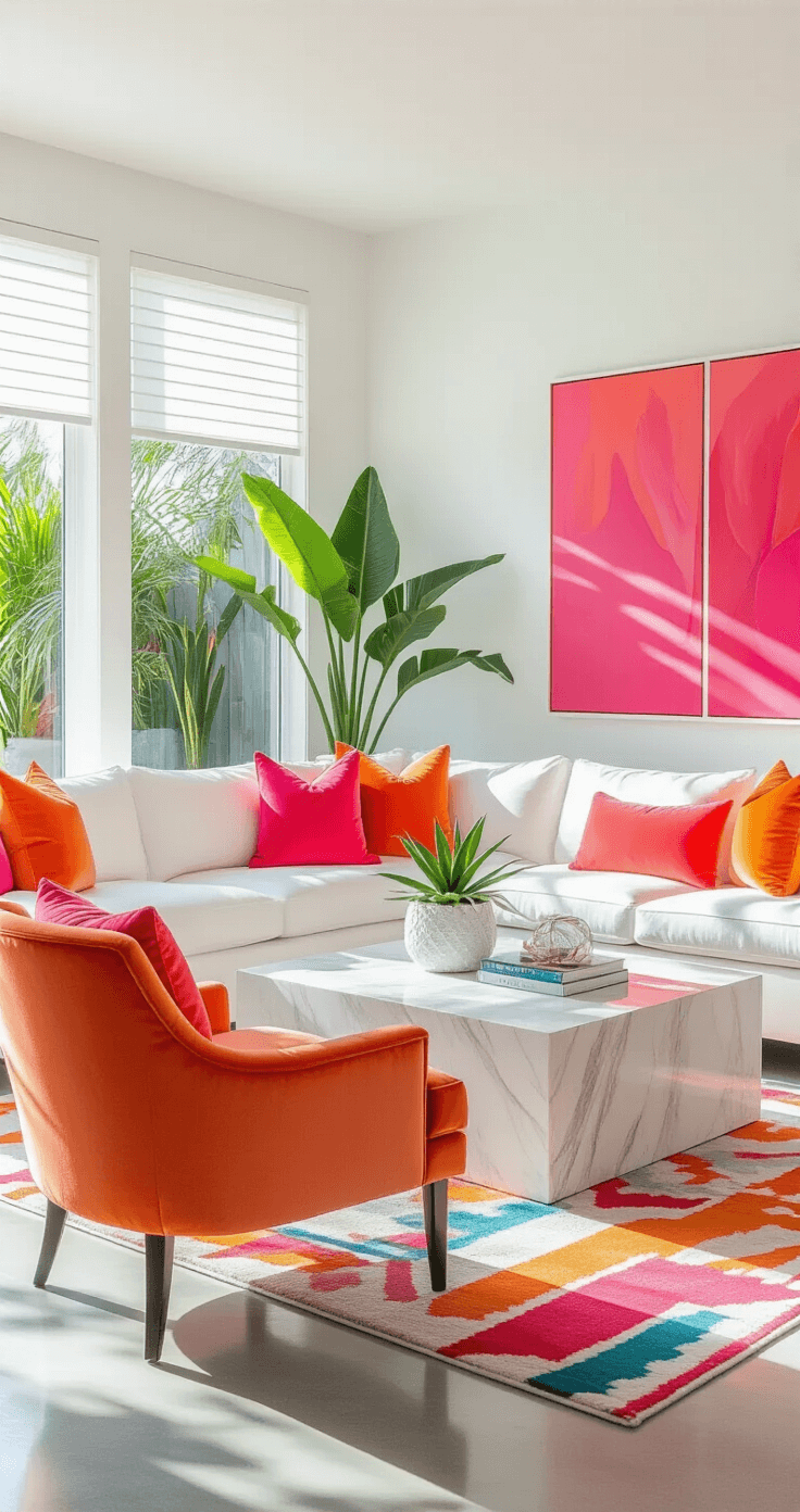 Vibrant summer living room with coral, tangerine, and fuchsia accents, featuring a white sectional sofa, velvet accent chairs, and a marble coffee table, illuminated by natural light through large windows, adorned with tropical plants and geometric rug.