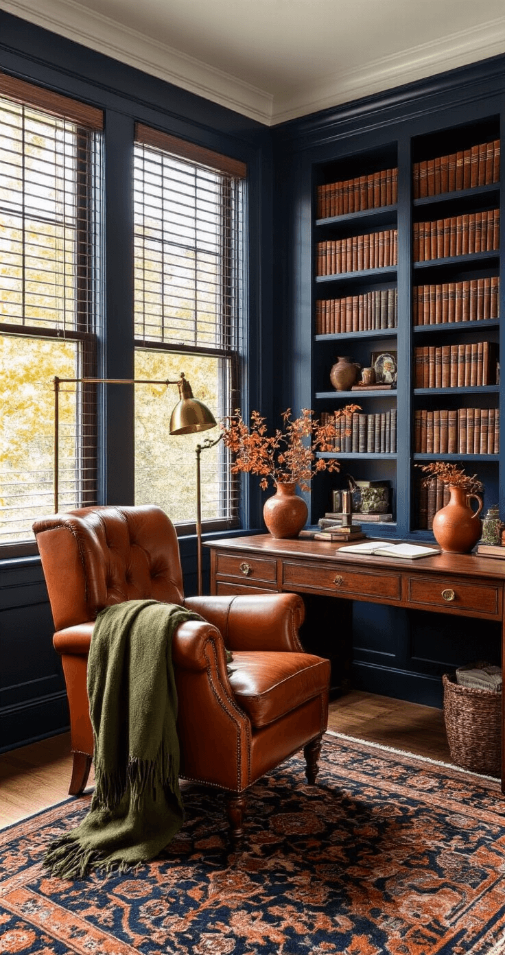 A cozy fall study room featuring deep navy blue built-in bookshelves filled with leather-bound books, a terracotta leather reading chair with an olive green throw blanket, and a dark walnut desk with copper accessories. The olive green walls and white crown molding complement the Persian rug in navy and terracotta tones. Late afternoon light filters through tall windows, casting shadows, while vintage brass hardware and earthy-toned ceramic pottery add to the room's sophisticated masculine elegance.