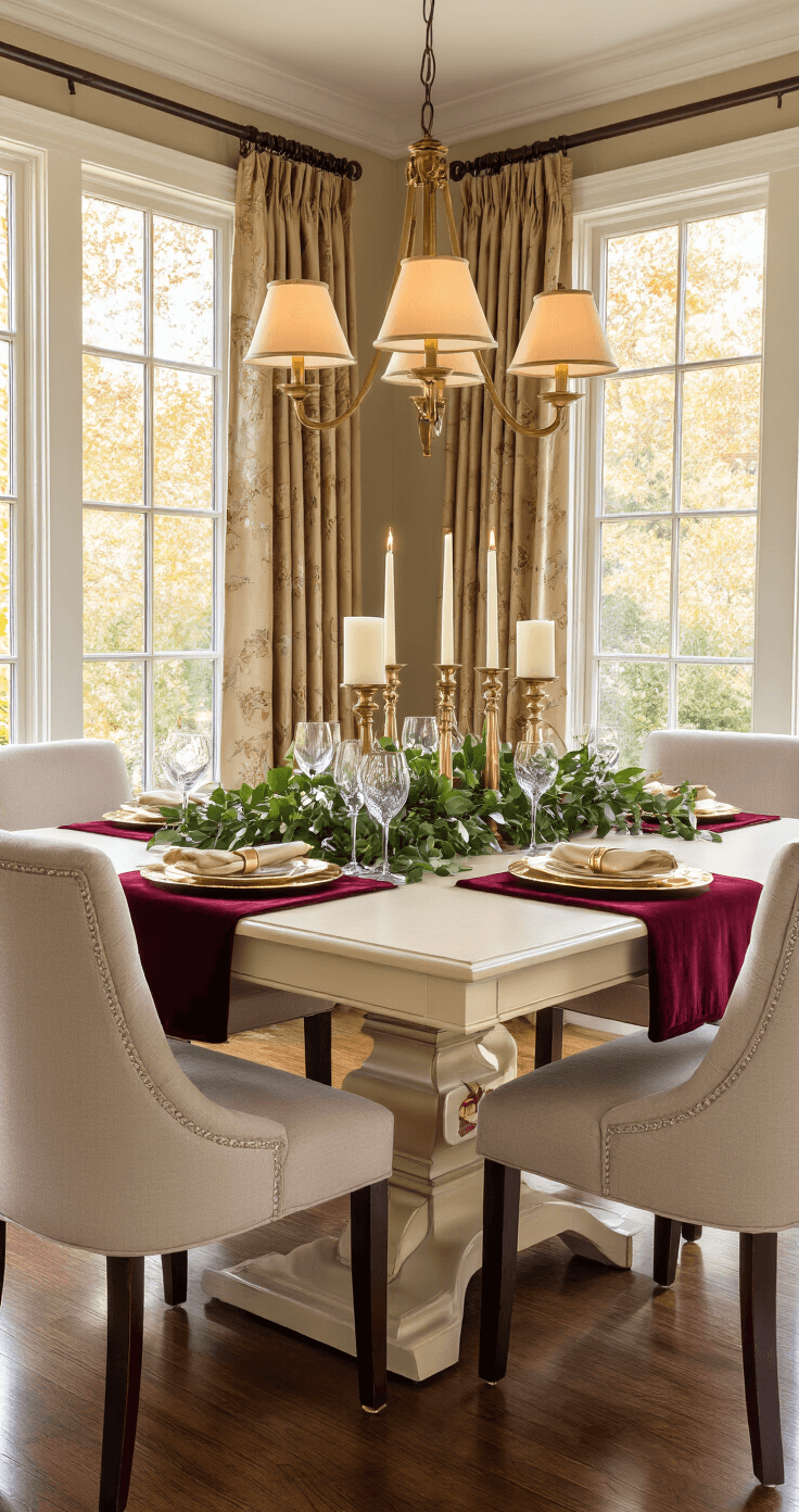 Elegant dining room during golden hour, featuring a cream table with burgundy runners and gold charger plates, adorned with ivory pillar candles in brass candlesticks, complemented by coordinated drapes, greenery garlands, and warm pendant lighting, all creating an intimate romantic atmosphere.