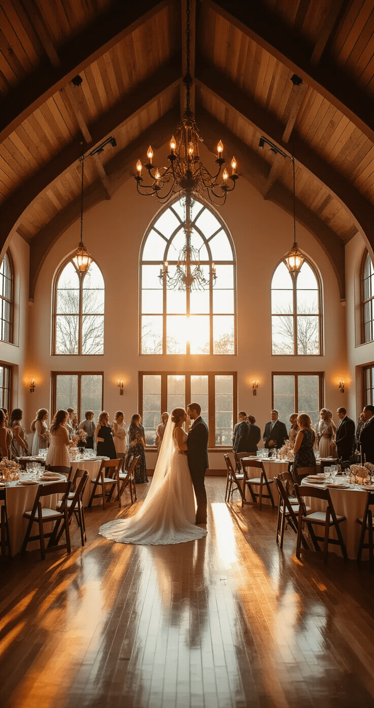 Elegant indoor wedding reception hall with vaulted ceilings and wooden beams, warm sunlight streaming through arched windows, round tables with ivory linens and blush napkins, couples dancing on a polished floor, vintage chandeliers, and rose petals scattered on dark wood.