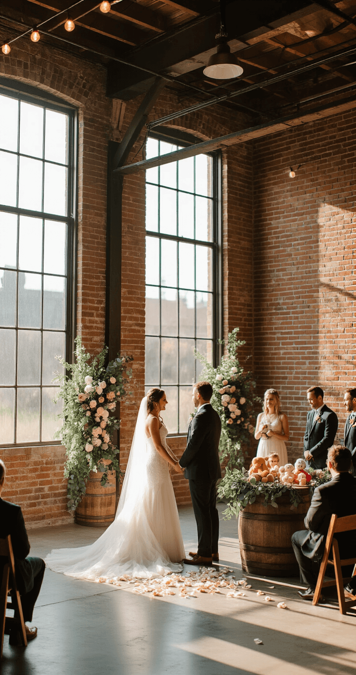 A bride and groom prepare for a coed toss game in a modern rustic wedding venue with exposed brick walls and industrial beams, surrounded by laughing guests. Plush toys and colorful prizes decorate a vintage wooden barrel table with eucalyptus garland and peonies, while warm string lights and rose petals enhance the inviting atmosphere.