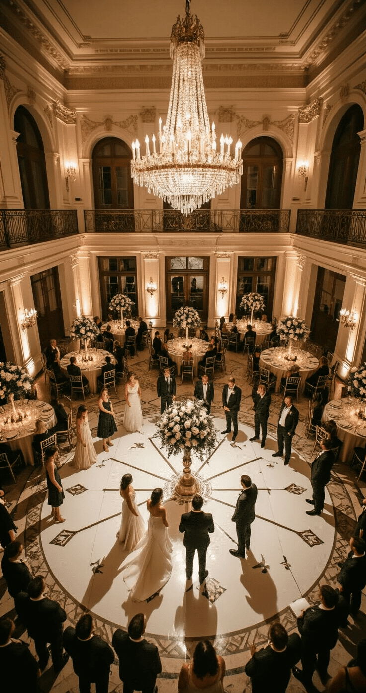 Elevated view of a luxurious ballroom wedding reception featuring ornate crown molding and crystal chandeliers, showcasing guests in formal attire engaged in a playful football toss around a dance floor, with champagne silk-draped tables adorned with tall floral arrangements and dramatic uplighting creating an elegant atmosphere.