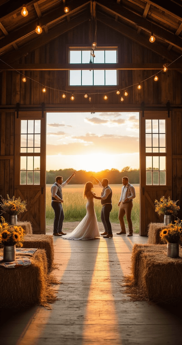 A cozy barn wedding venue at sunset, featuring weathered wood walls, exposed rafters, and reclaimed wood floors, where guests enjoy a dance-off. Hay bales with vintage quilts provide seating, and mason jar string lights offer ambient illumination. Wildflower arrangements in galvanized buckets add natural beauty to the scene.