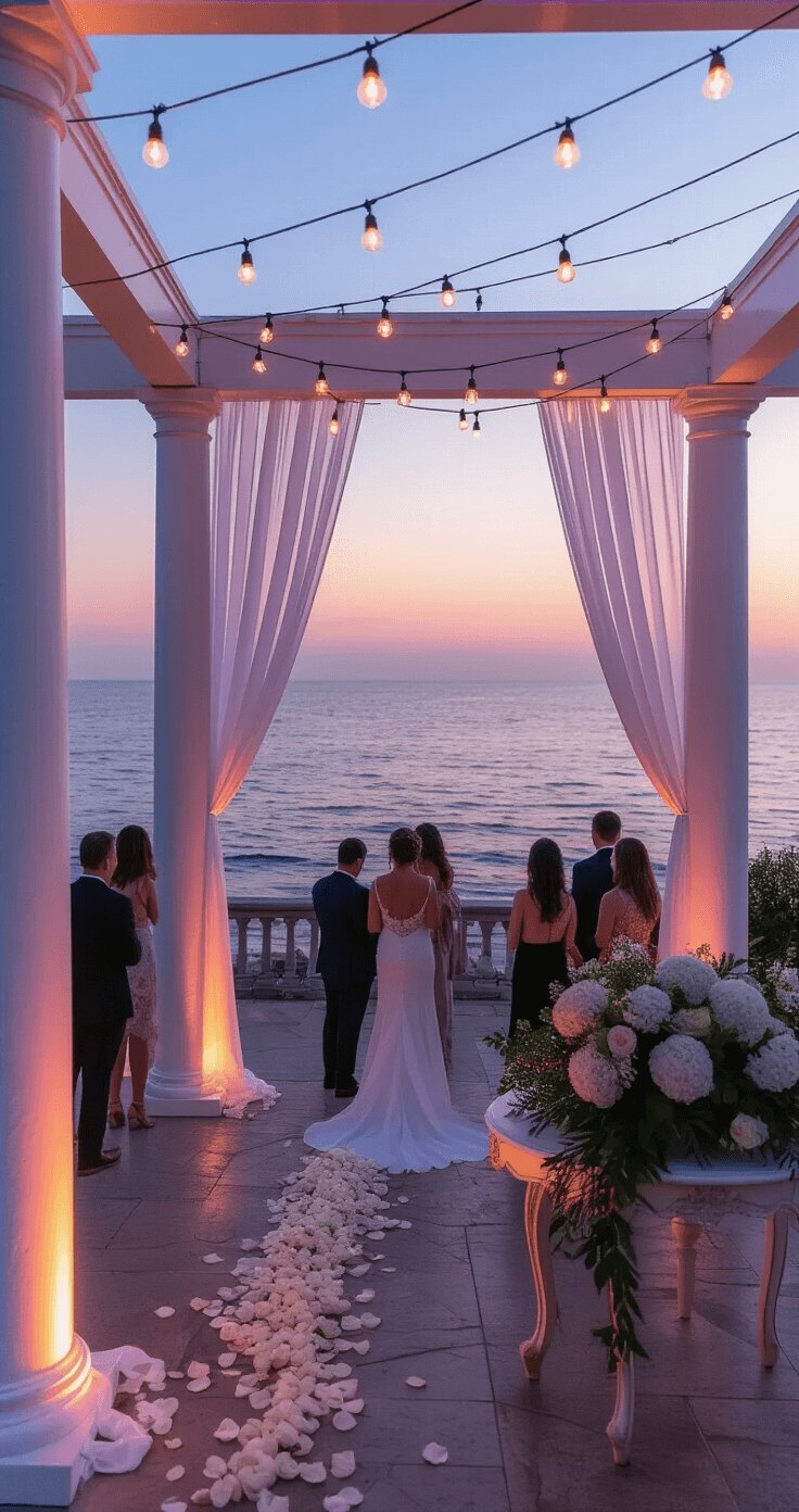 Garter Toss Alternatives: Creative Ways to Ditch the Traditional Wedding Ritual Elegant waterfront pavilion reception during twilight with white columns, panoramic ocean views, soft sunset light, and romantic cafe lights. Guests in cocktail attire gather around an antique white vintage table with bouquets and greenery, surrounded by white rose petals on natural stone flooring, all set against a stunning sunset backdrop.