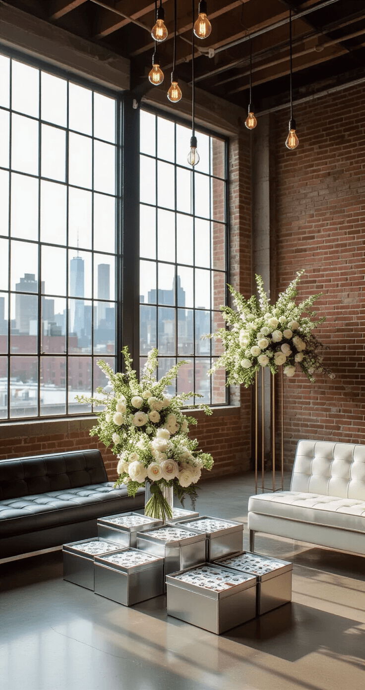 A sophisticated urban loft wedding venue featuring floor-to-ceiling windows, polished concrete floors, and contemporary furniture in charcoal and white. The scene highlights an elegant prize table with lottery tickets in silver boxes, surrounded by geometric floral arrangements, and warm Edison bulb lighting against an exposed brick wall, with an urban skyline backdrop.