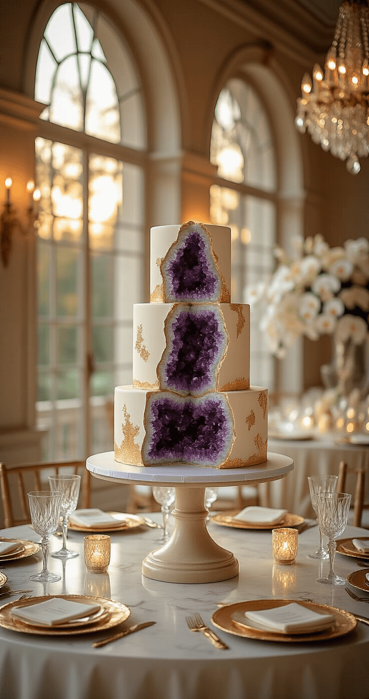 A luxurious wedding reception venue bathed in golden hour light, featuring a three-tier geode wedding cake with deep amethyst crystals and gold leaf accents, set on a marble pedestal table, surrounded by ivory silk linens, gold charger plates, and cascading white orchids, all illuminated by crystal chandeliers against cream-colored walls.