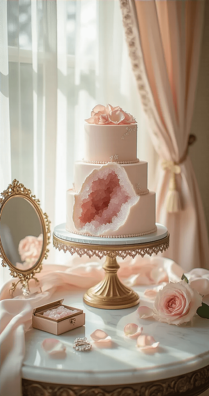 An intimate bridal suite with soft morning light, featuring a romantic blush pink geode cake on a vintage gold stand atop a marble vanity, surrounded by rose petals, antique jewelry boxes, silk ribbons, and a vintage mirror, all in a dusty rose and champagne color palette.
