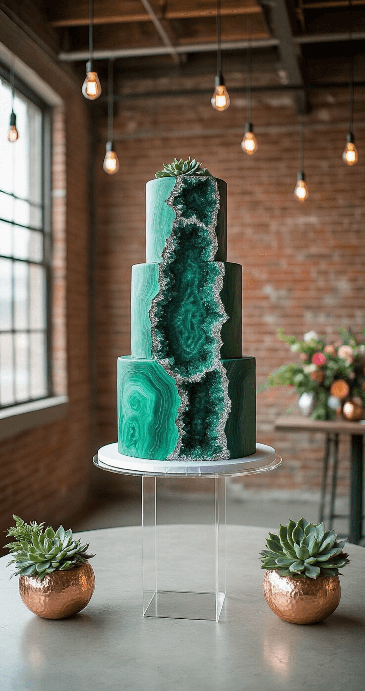 A modern industrial loft wedding venue featuring exposed brick walls and steel beam ceilings, with an emerald green geode cake on a sleek acrylic pedestal, showcasing jagged sugar crystal formations. Contemporary decor includes geometric copper vessels and succulents, illuminated by Edison bulb string lights. The image captures the scene from a low angle with dramatic side lighting highlighting the texture contrasts.