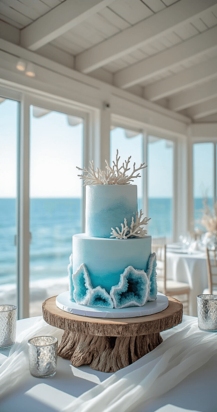 A coastal-themed reception space featuring a geode cake in icy blue and gray on a driftwood stand, surrounded by sea glass votives, coral branches, and airy decor, all illuminated by natural daylight.
