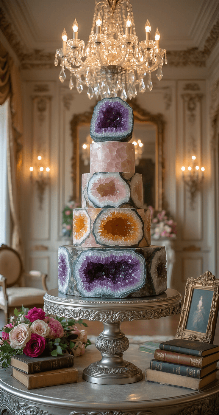 An elegant ballroom featuring ornate moldings, crystal chandeliers, and a multi-colored geode cake on an antique silver pedestal, surrounded by silk florals and vintage decor in rich jewel tones, captured from above with dramatic lighting.