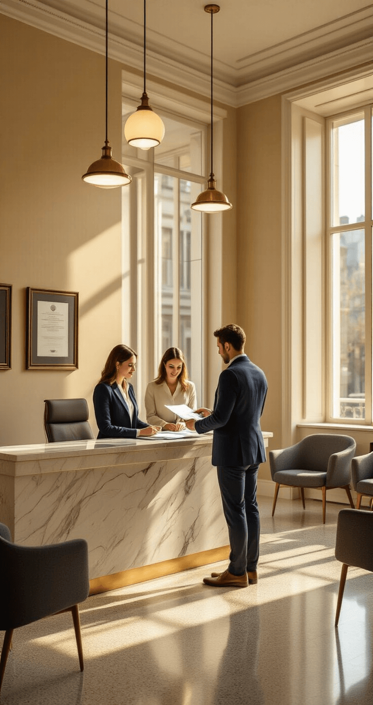 Photorealistic image of a modern city clerk's office during golden hour, featuring a sleek marble reception counter, a professional clerk in a navy blazer organizing documents, and a young couple in smart casual attire reviewing paperwork under warm lighting and architectural details like crown molding and pendant fixtures.