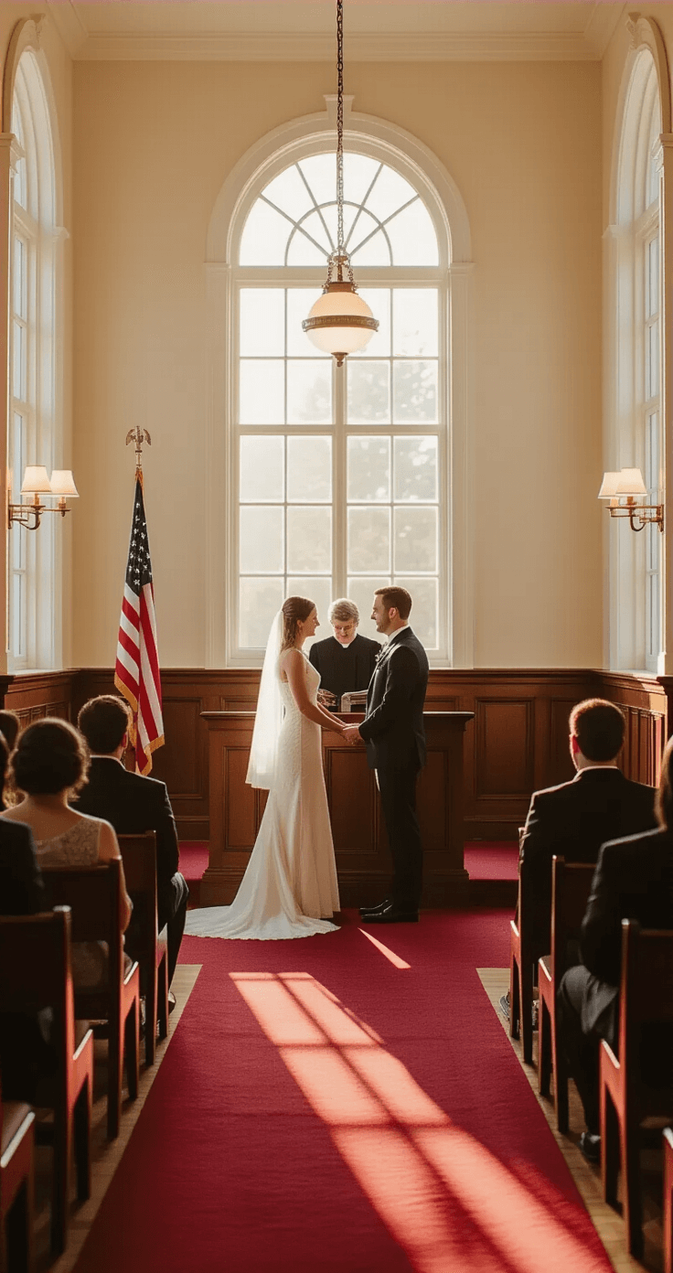 Intimate courthouse ceremony room during golden hour with sunlight filtering through arched windows, featuring mahogany paneling, burgundy carpet, and a couple exchanging vows in a modest yet elegant setting.