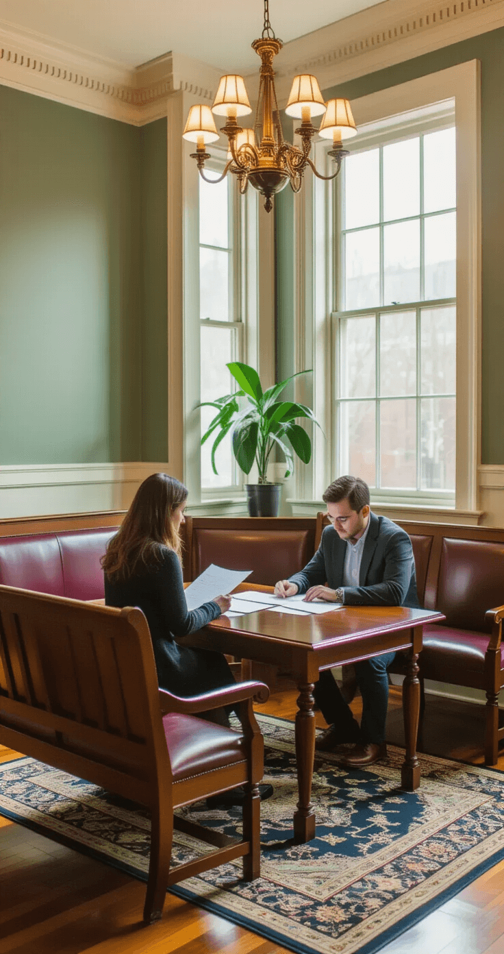 A cozy courthouse waiting area with sage green walls, vintage benches, and a polished cherry wood table where a nervous couple reviews documents, illuminated by natural light from frosted glass windows and a brass chandelier.