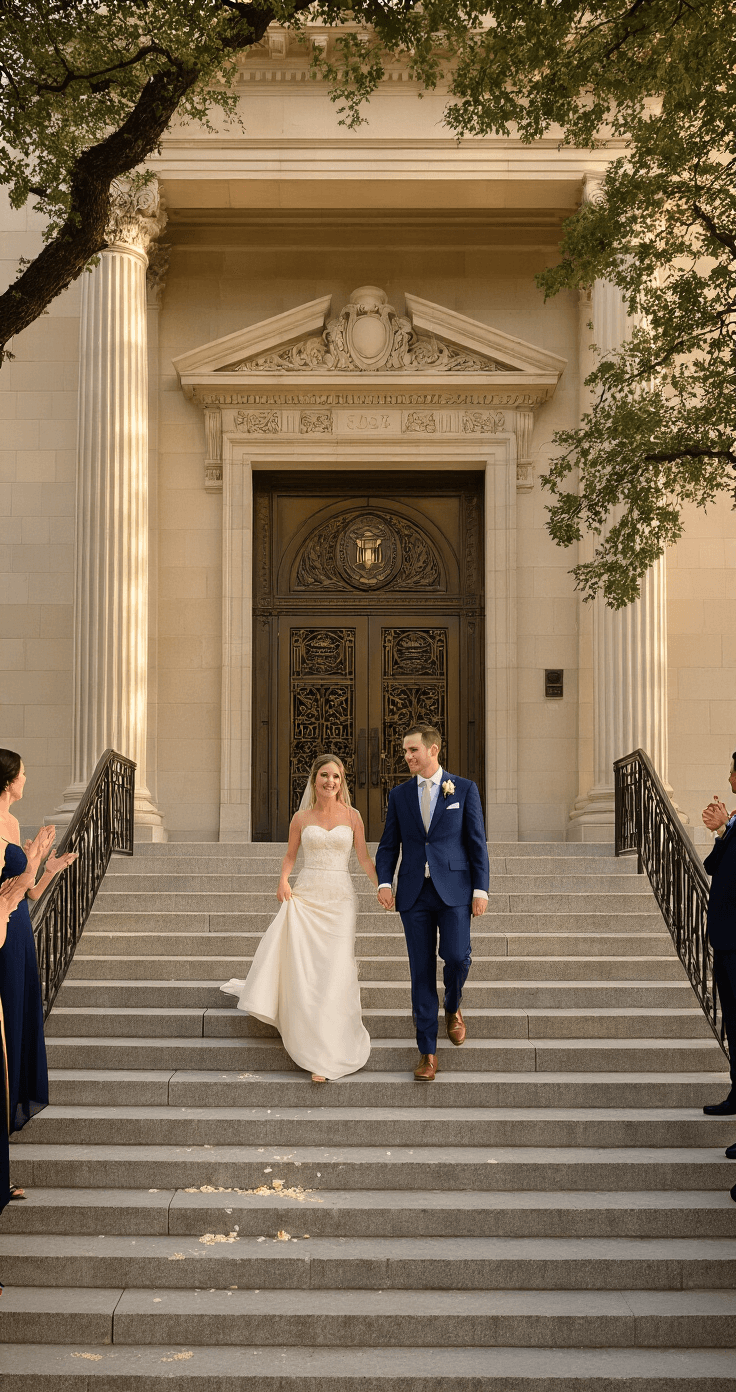 Newlywed couple descends grand courthouse steps during golden hour, surrounded by applauding guests and scattered flower petals, with classical architecture and mature oak trees framing the scene.