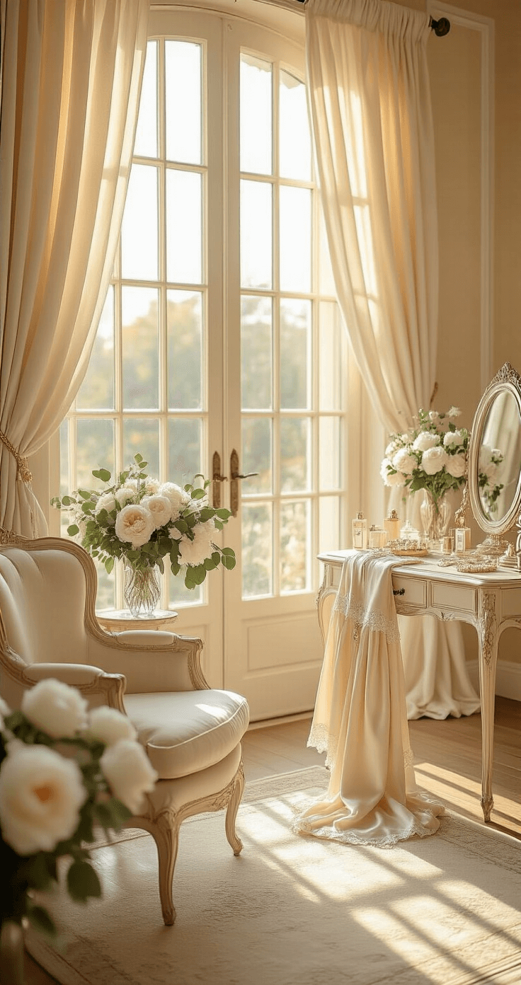 Photorealistic bridal suite with French windows, warm golden sunlight, vintage vanity, and elegant decor, exuding intimate luxury and romantic anticipation.