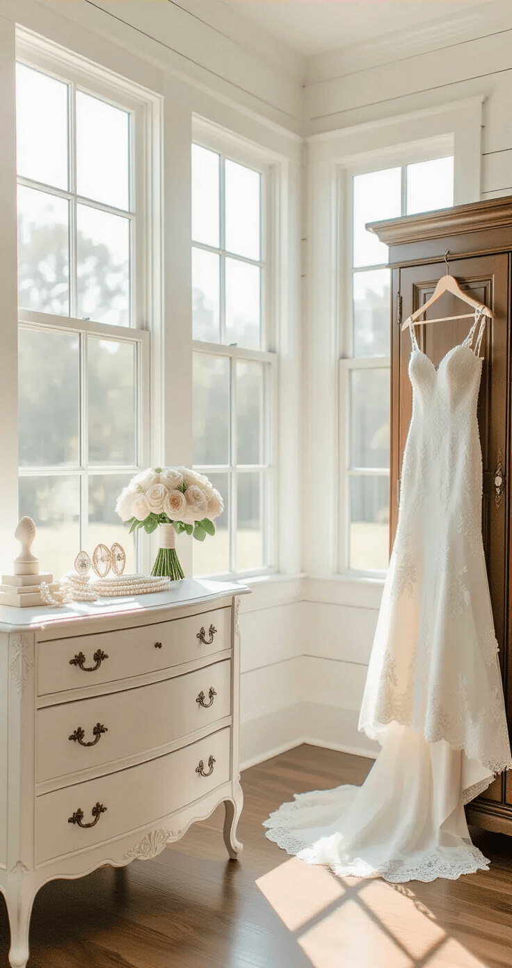 Bright bridal preparation room with white shiplap walls, oversized windows, elegant accessories on a French provincial dresser, a hanging silk wedding dress, and a bouquet of white roses, all illuminated by soft morning light.