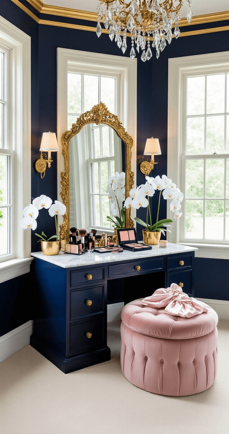 Luxurious bridal suite with navy walls and gold accents, featuring large bay windows, a marble vanity with makeup, a blush pink velvet ottoman with silk robes, fresh white orchids, thick cream carpeting, and an antique crystal chandelier, all creating an opulent and romantic atmosphere.
