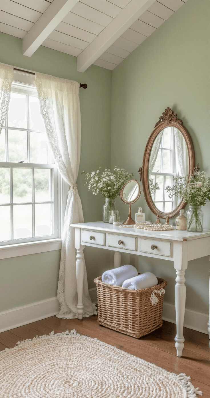 Charming cottage-style bridal preparation space featuring soft sage green walls, exposed wooden beams, and morning light filtering through lace curtains, showcasing a vintage vanity with brass mirror and pearl accessories, surrounded by wildflowers and a cozy ambiance.