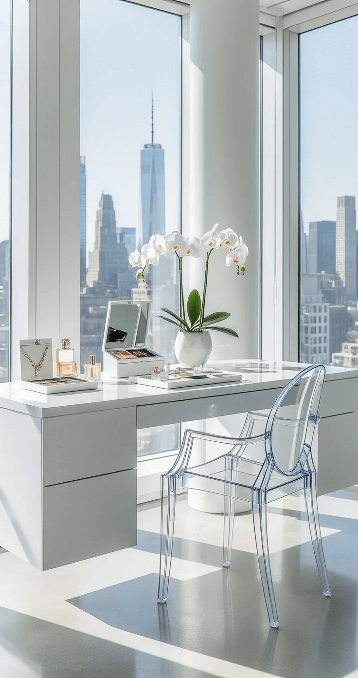 Modern minimalist bridal suite with white walls, sleek design, and city skyline views through floor-to-ceiling windows. Features a floating white lacquer vanity, acrylic ghost chair, polished concrete floors, and a single white orchid for a touch of elegance.