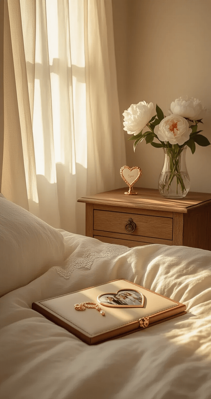 Photorealistic intimate bedroom corner at golden hour, featuring a rustic oak nightstand with engraved rose gold jewelry, a heart-shaped leather photo album on cream linen bedding, textured ivory walls, and a crystal vase with white peonies.